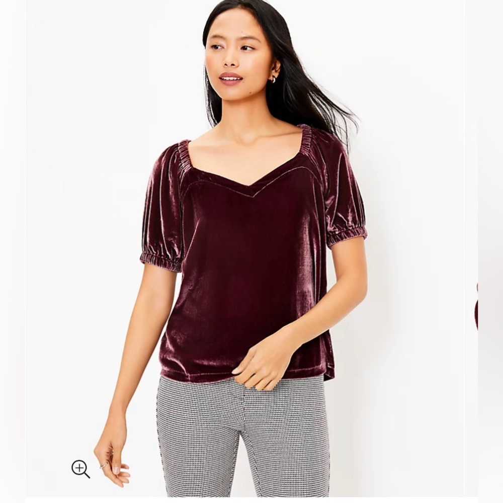 LOFT NWT Sweetheart Neck Velvet Puff Sleeve Top - Bold Bordeaux